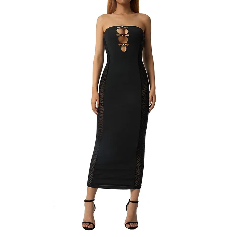 Elegant Women's Long Dress Sleeveless Strapless Backless Hollow Out Low-Cut Dress Rhinestone Decoration Skinny Club Dress