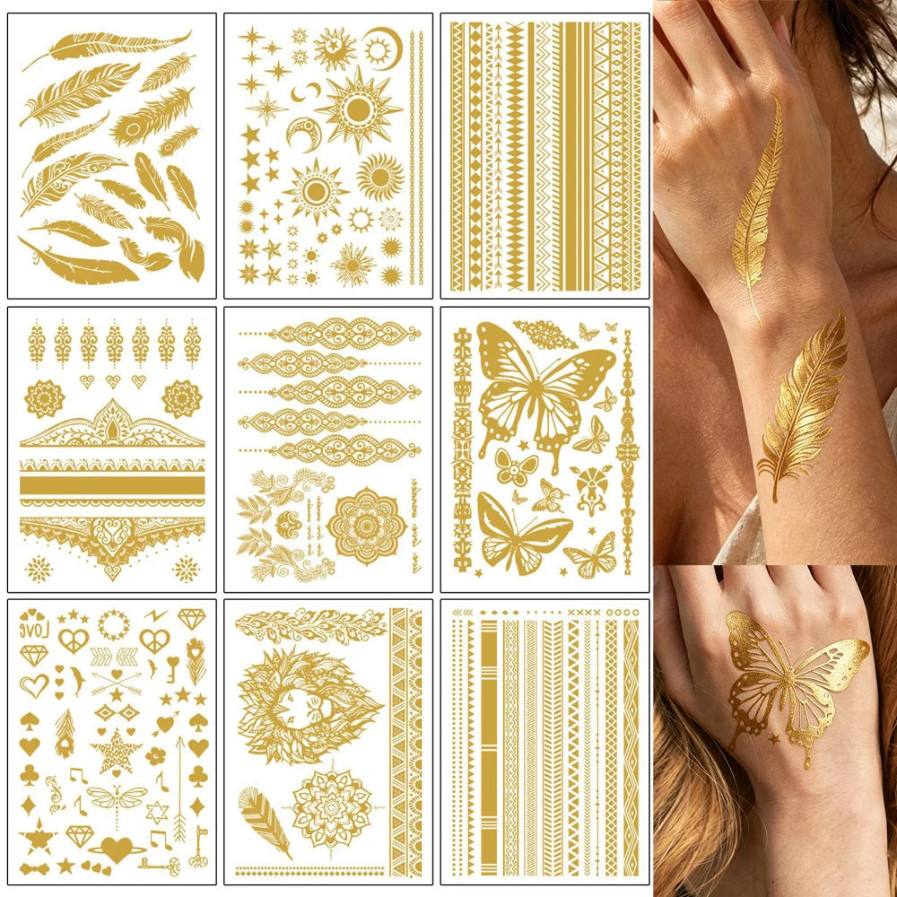 9 Sheets Metallic Temporary Tattoos for Women Waterproof Gold Feather Mandala Stars Moon Design Tattoo Stickers Body Makeup