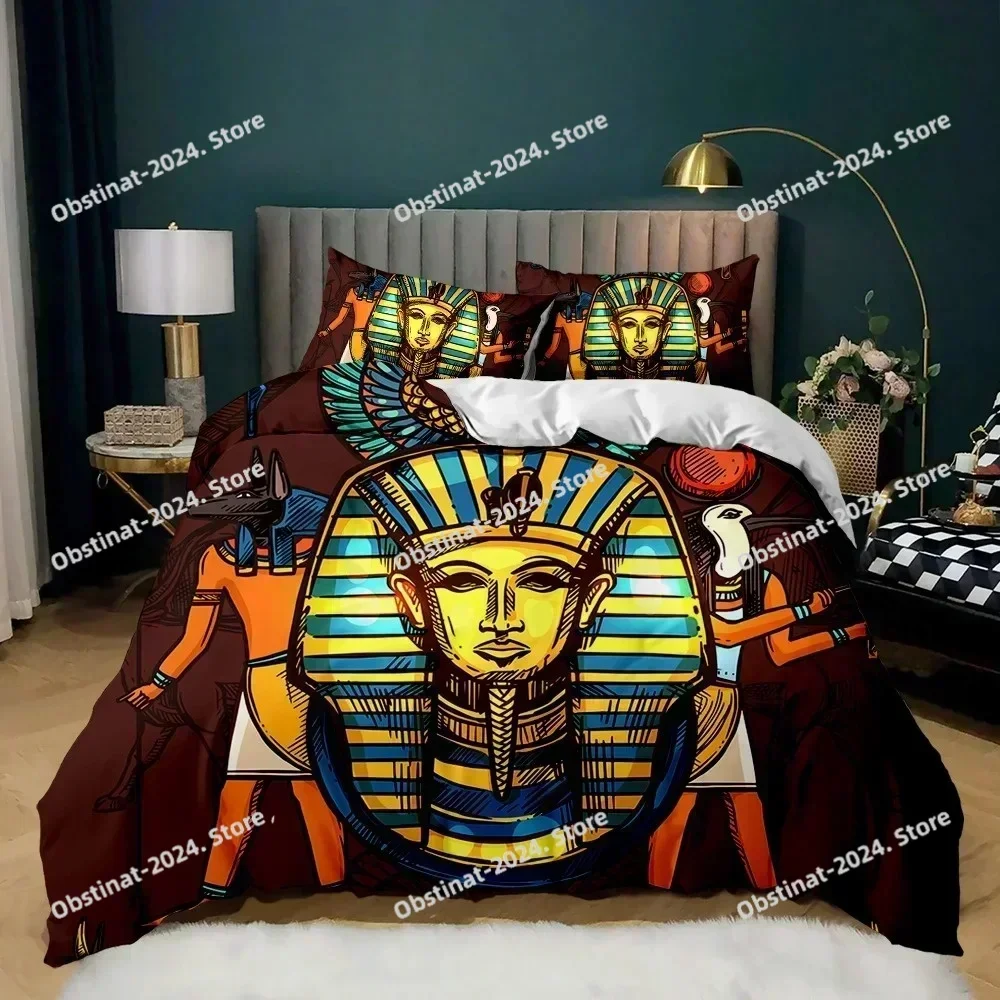 Pharaoh Bedding Sets,King Size 3D Ancient Egypt Tribe Decor Comforter Cover Set for Adult Egyptian Pyramid Polyester Duvet Cover