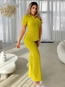 Lime Green Women's Button-Up Shirt & Flared Pants Two-Piece Set for Office or Casual Wear