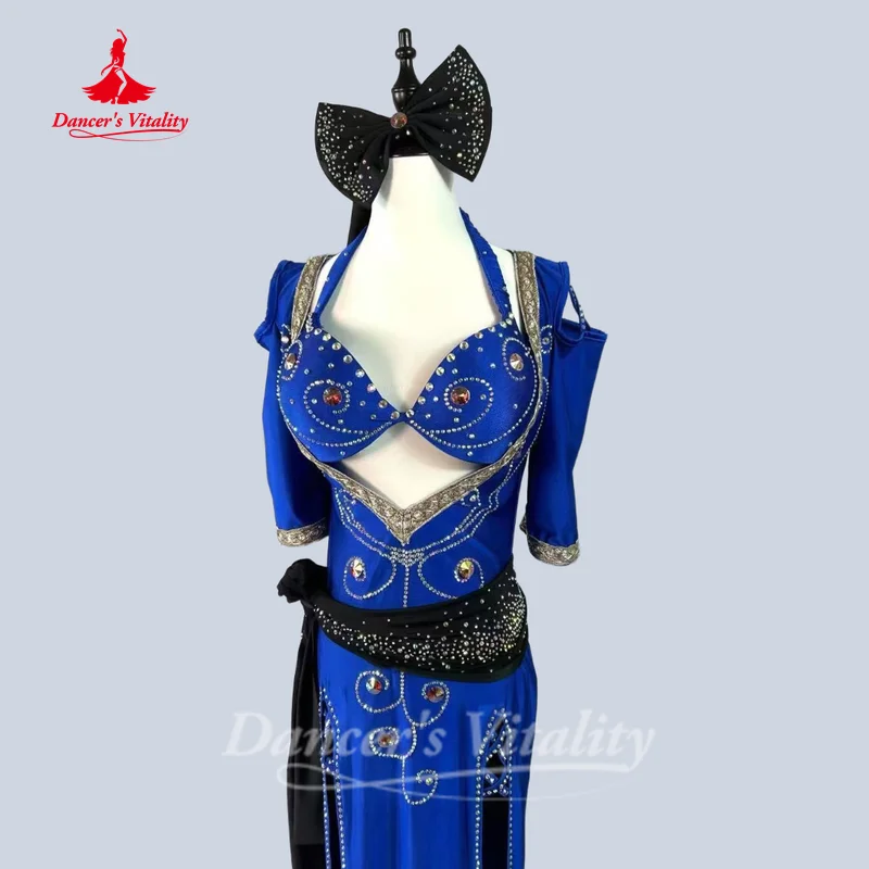 زي الراقصة الشرقية للنساء حمالة صدر مخصصة من أحجار AB + وشاح الرأس + وشاح الورك + رداء 4 قطعة ملابس مسابقة Saidi Shabbi Baladi