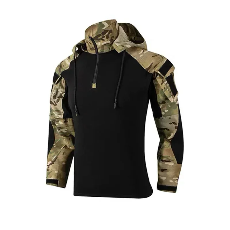 Tute tattiche Uniforme militare Camicie da combattimento Cappuccio Camo Pantaloni cargo Paintball resistenti all'usura Abbigliamento da campeggio Escursionismo Caccia