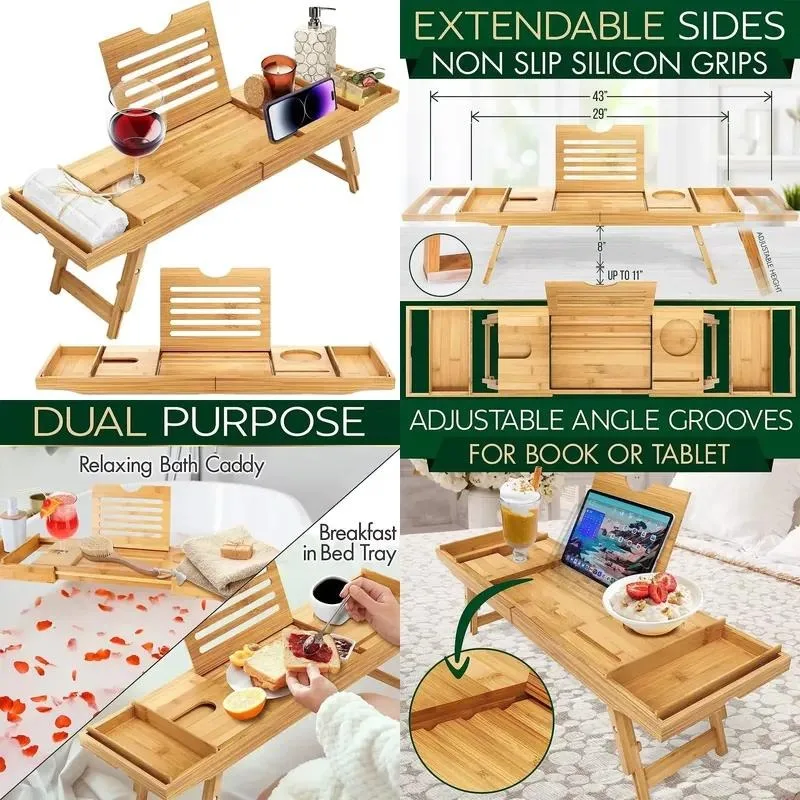 Eco Friendly Bamboo Bathtub Side Table 4 Piece Set with Collapsible Telescopic Arm Customizable for Home and Hotel Use