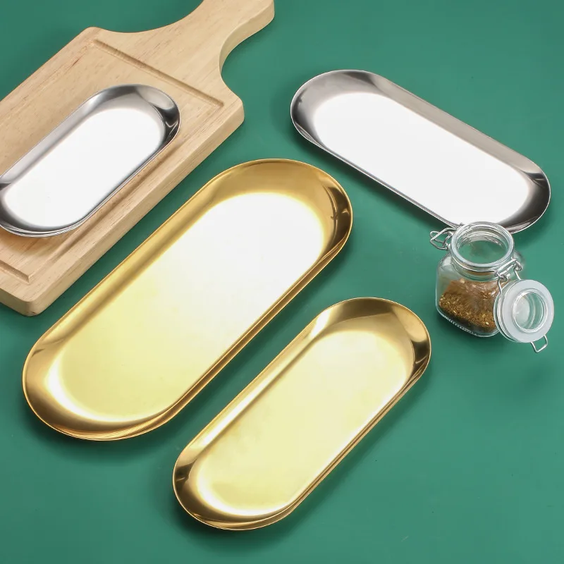 

Stainless Steel Gold-plating Dining Plate Elliptical Dessert Nut Fruit Cake Tray Snack Kitchen Plates Western Steak Kitchen Dish
