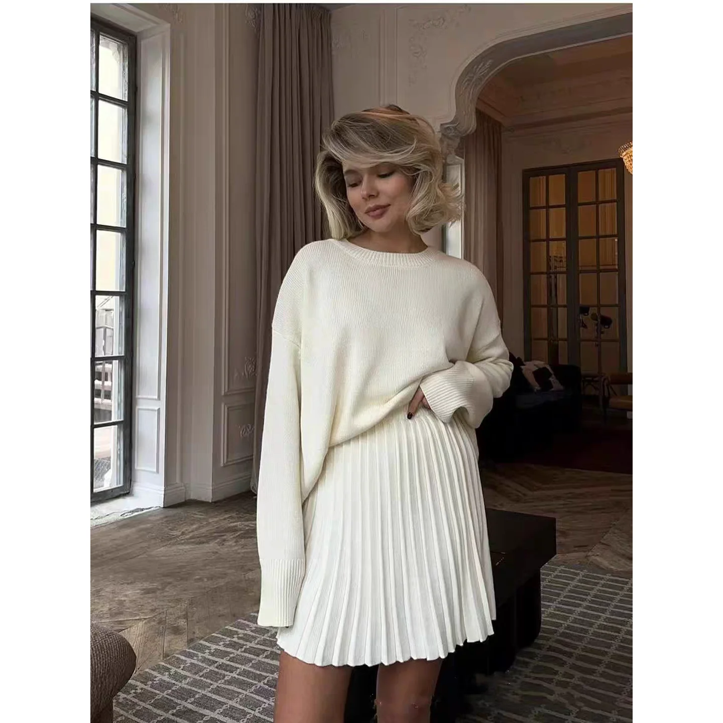 

Women's Knitted Sweater Pleated Skirt Set round Ne Pure Color ort Skirt Faionable Winter Outfit Student Work orm