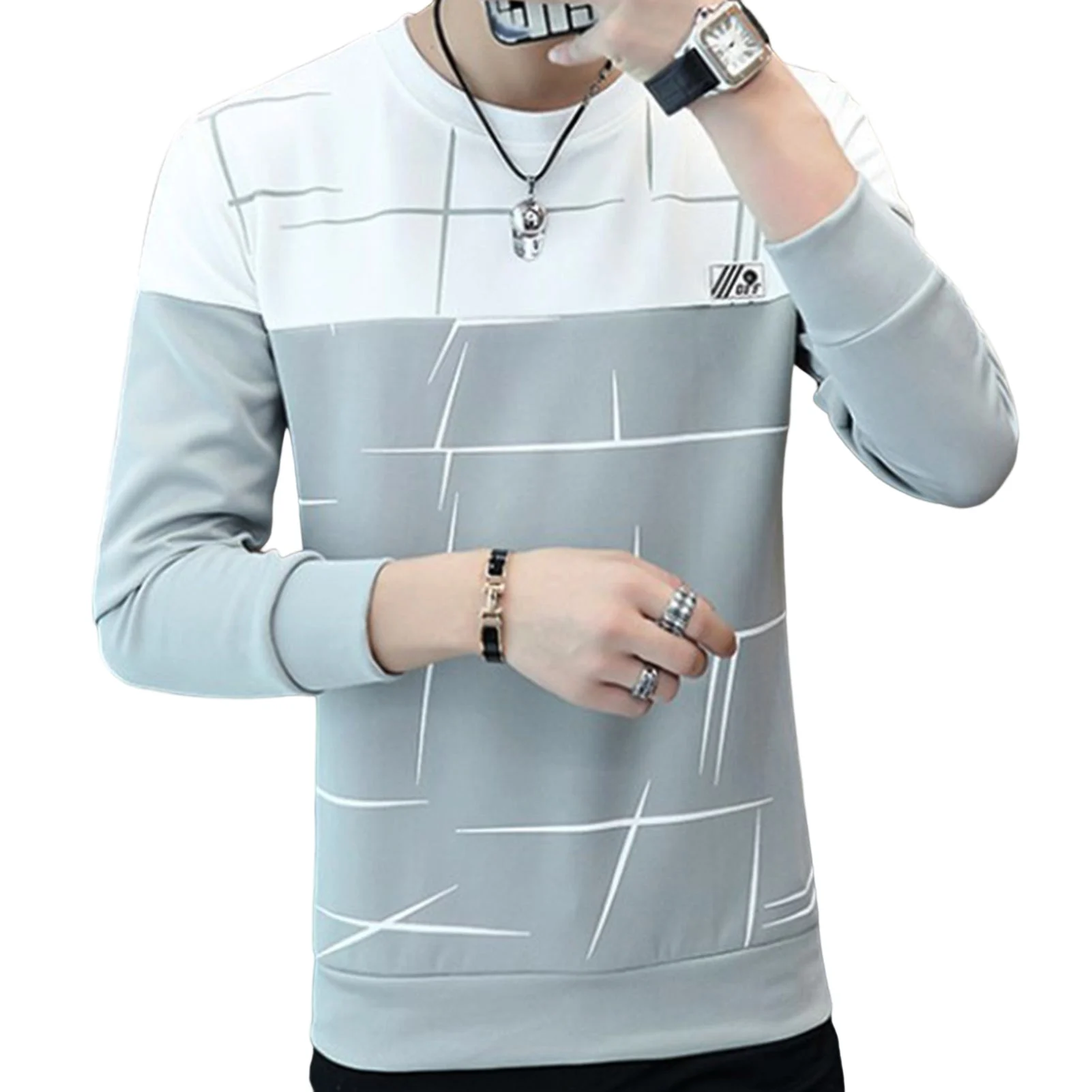 Men\'s Round Neck Pullover Sweater Korean Version Color Matching Slim Fitting Sweater for Outdoor Traveling Shopping Wear