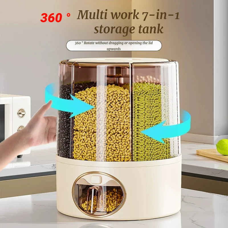 Multi Functional 7-in-1 Grain Storage Tank, Spice Rice Storage, Insect And Moisture Resistant Rotating Grid, Household Rice Tank