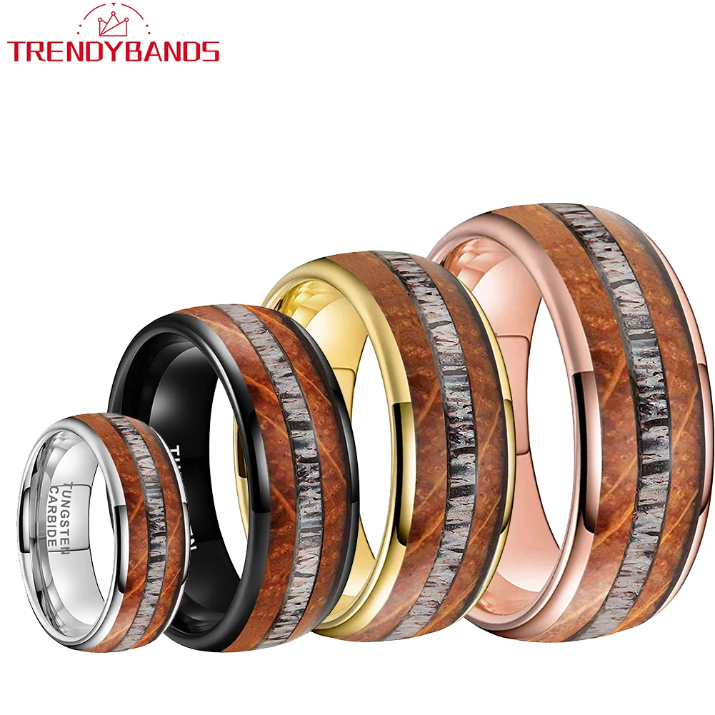 8mm Tungsten Ring for Men Women Wholesale Fashion Engagement Wedding Band Whisky Wood Deer Antler Inlay Domed Polished Shiny