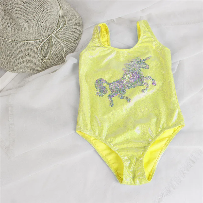 Summer Solid Shinning Children Baby Girls Kids One Piece Swimwear Swimsuit Unicorn Embroidery Deco Toddler Girls Bathing Suit