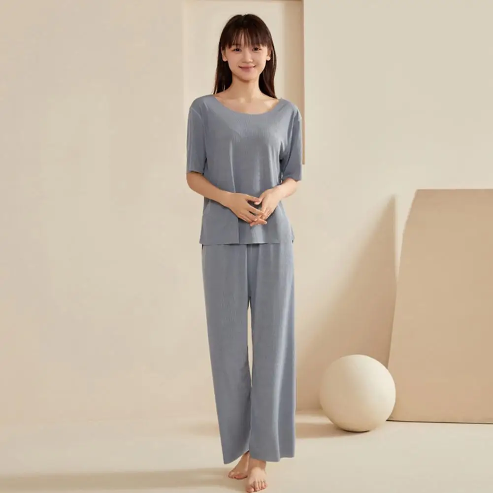 2026 Women's Ice Silk Pajamas Set Short Sleeved Top Wide Leg Pants Sleepwear Set Summer Ultra Thin Two Piece Lounge Nightwear