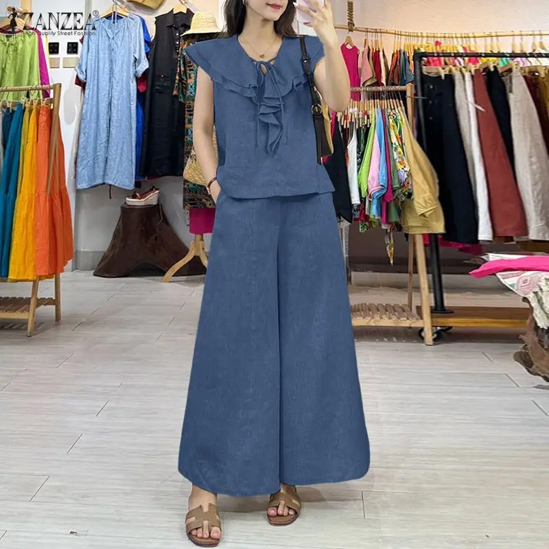 

2026 ZANZEA Fashion Summer V Neck Sleeveless Blouse Pant Sets Women Matching Sets Elegant Solid OL Work Outfit Holiday Tracksuit