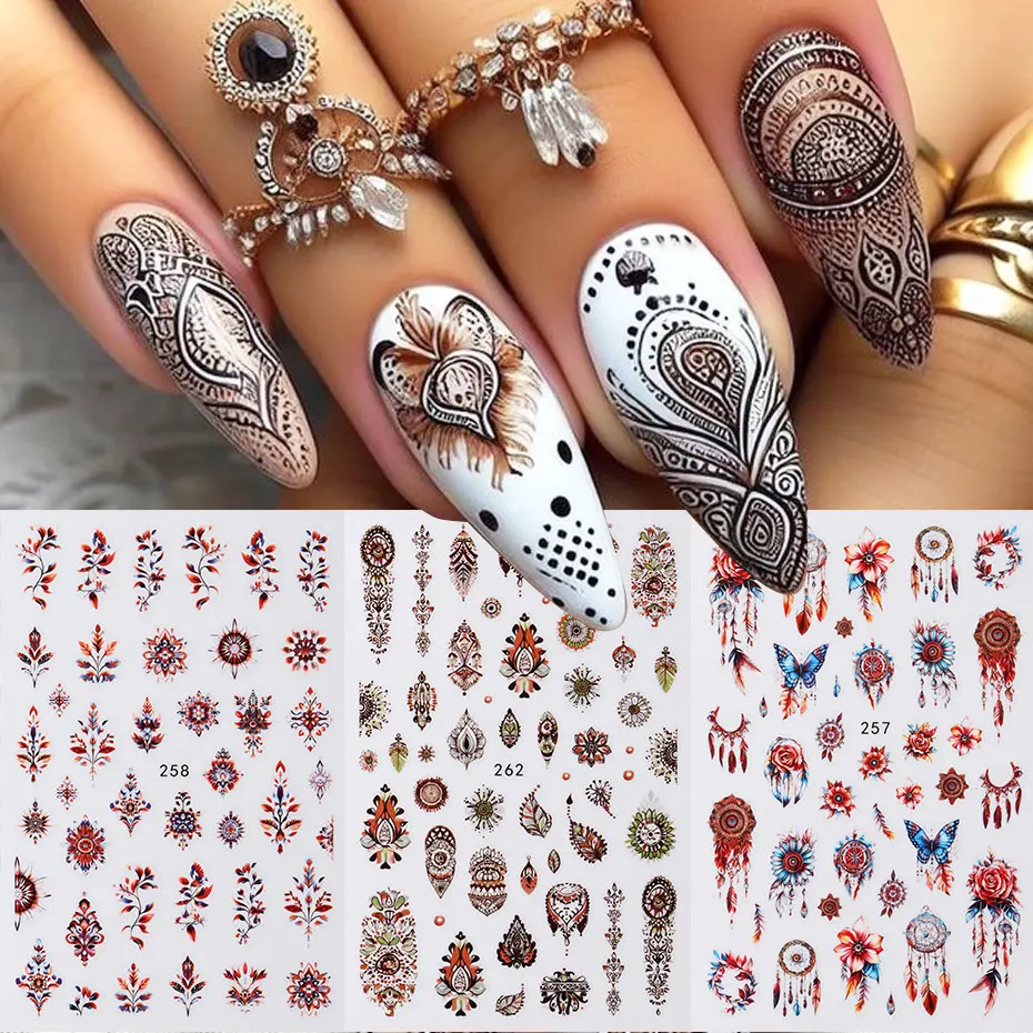 2/3pc 3D Retro Bohemian Totem Nail Art Sticker Elegant Dream Catcher Butterfly Slider For Nails Vintage Self-Adhesive Nail Decal