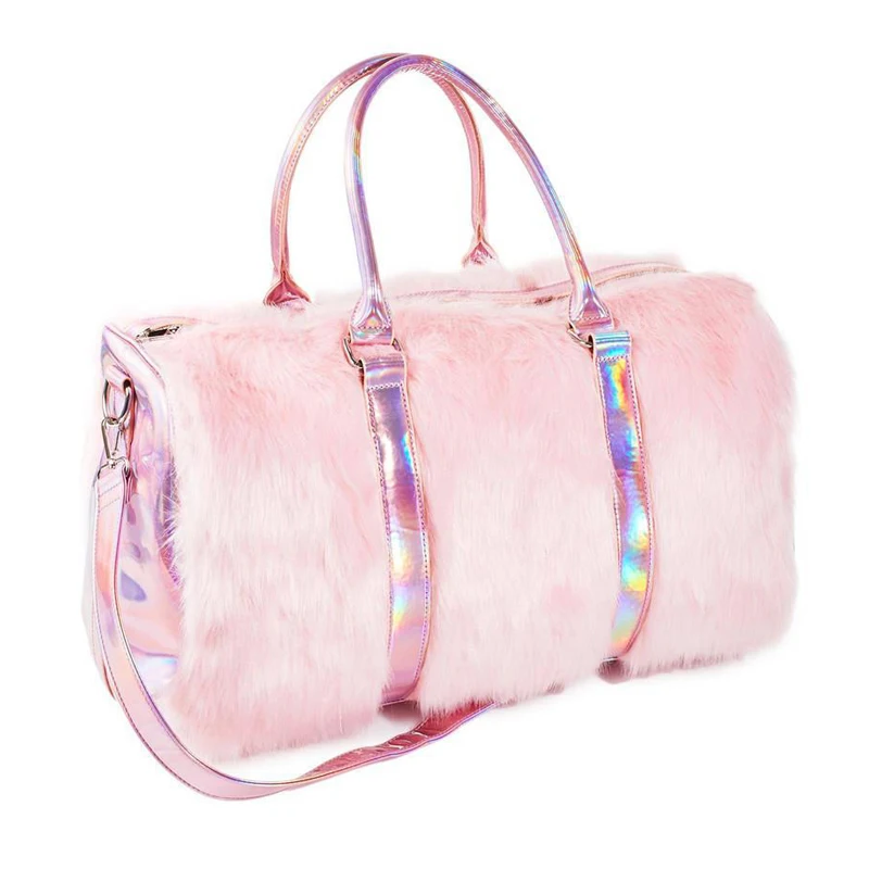 Sweet Girl Bags Pink Faux Fur Handbag Soft Rainbow Women Tote Bags Large Capacity Laser Symphony Shoulder BagsTravel Boston Bags