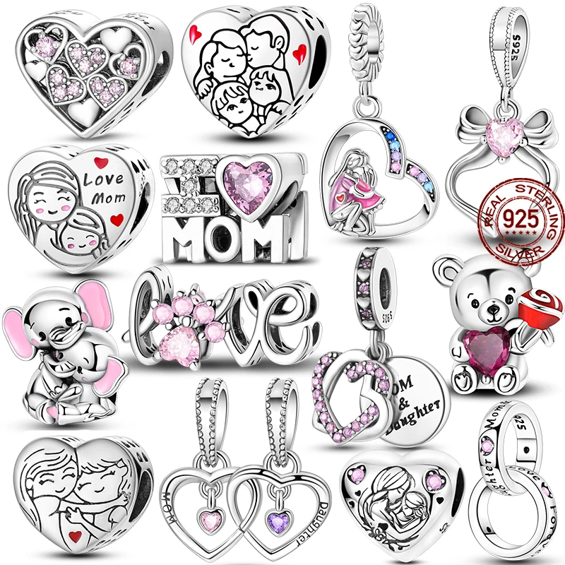 Original Sterling Silber Mutter Geschenk Charms Rosa Herz Liebe Mama Anhänger Familie Perlen Fit Armband DIY Geschenke Für Frau Schmuck