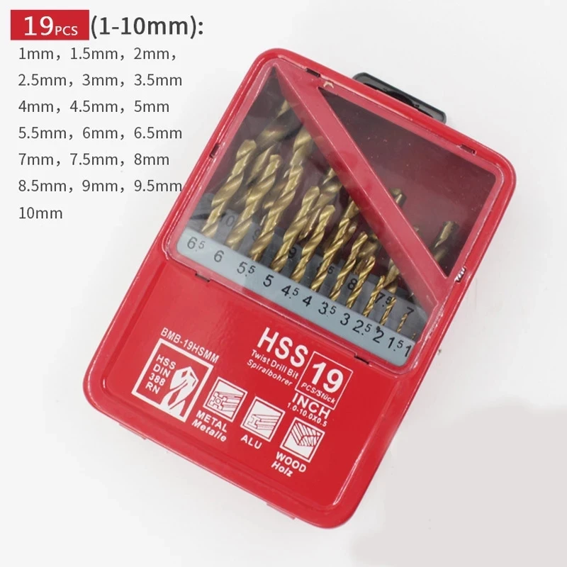 13/19/25pcs 1.0-13mm Hss Ti Coated Drill Bit Set For Metal Woodworking Drilling Power Tools Accessories In Iron Box