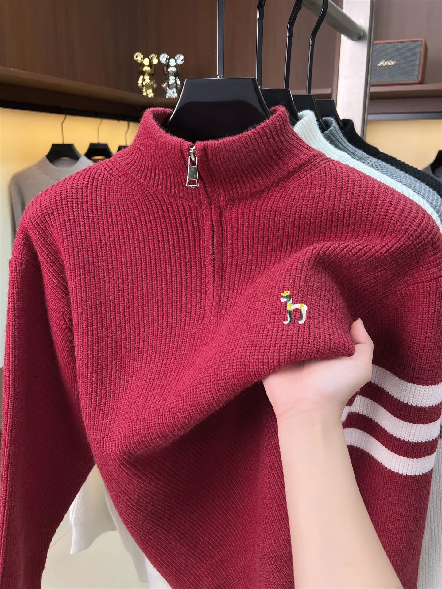 High Quality Trendy Striped Sweater Men Luxury Brand Cute Puppy Embroidery Comfort Warm Knitted Winter Korean Casual Sports Coat