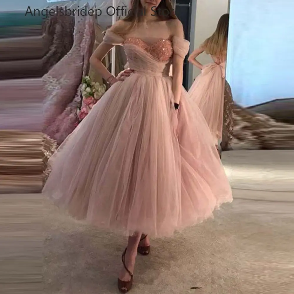 

Angelsbridep Tulle Ball Gown Prom Dresses Sweetheart Beadings Tea Length Evening Party Graduation Gowns Formal Occasion Dresses