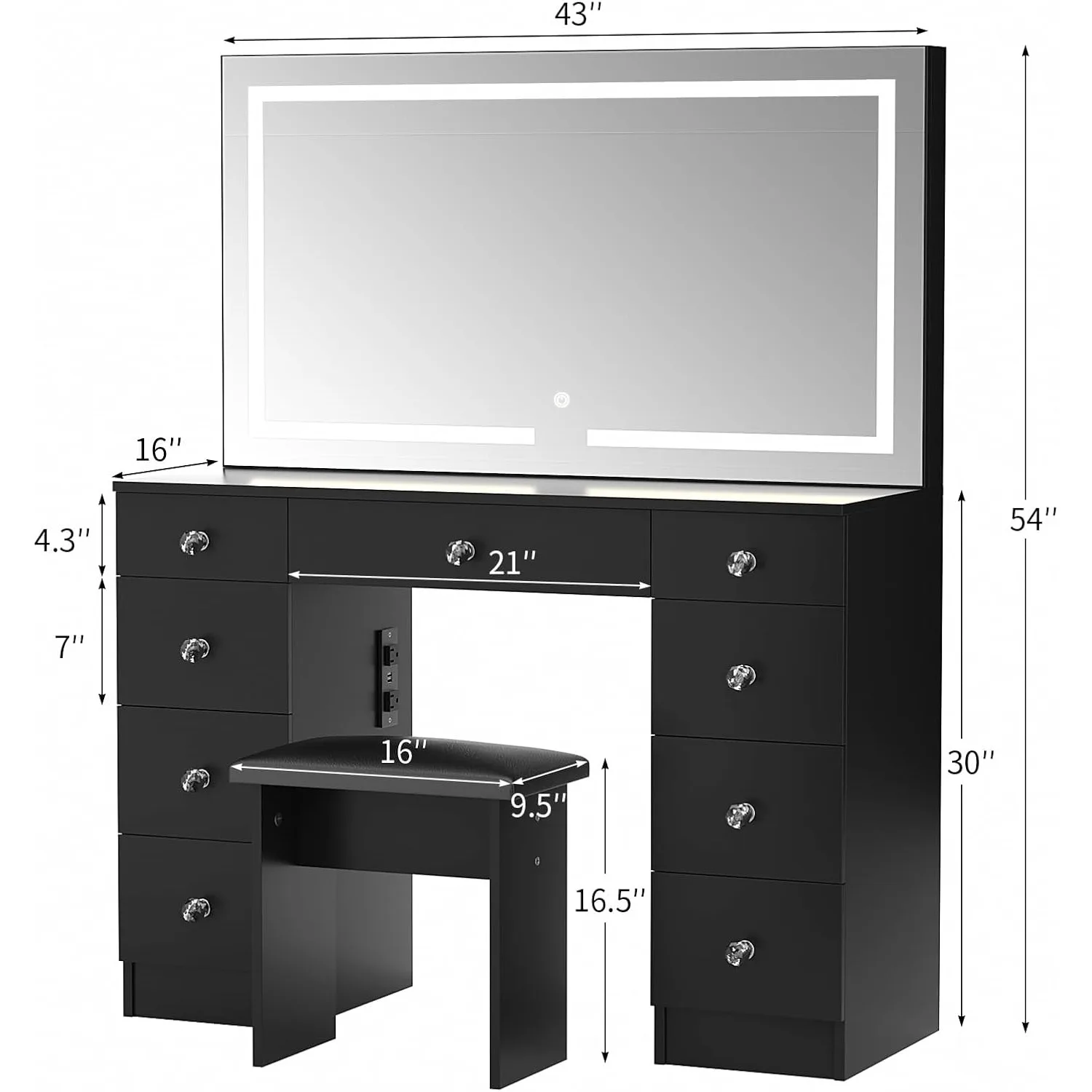 Vaidade de 43" com espelho iluminado - Mesa de maquiagem com tomada de energia e 9 gavetas, 3 modos de iluminação de cores Brilho ajustável