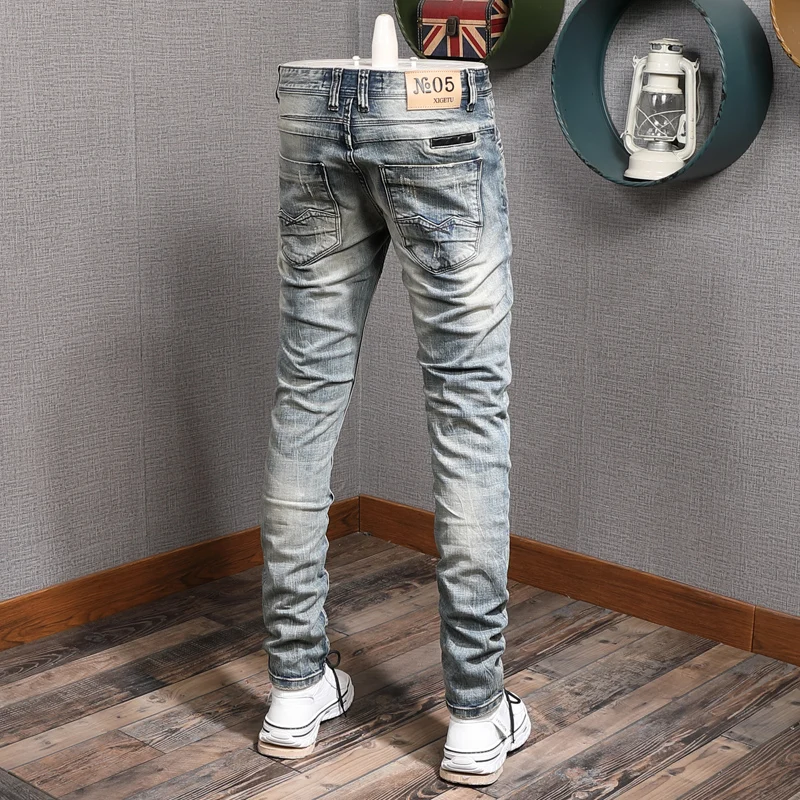 Fashion Designer Men Jeans High Quality Retro Blue Elastic Stretch Slim Fit Ripped Jeans Men Patched Vintage Denim Pants Hombre