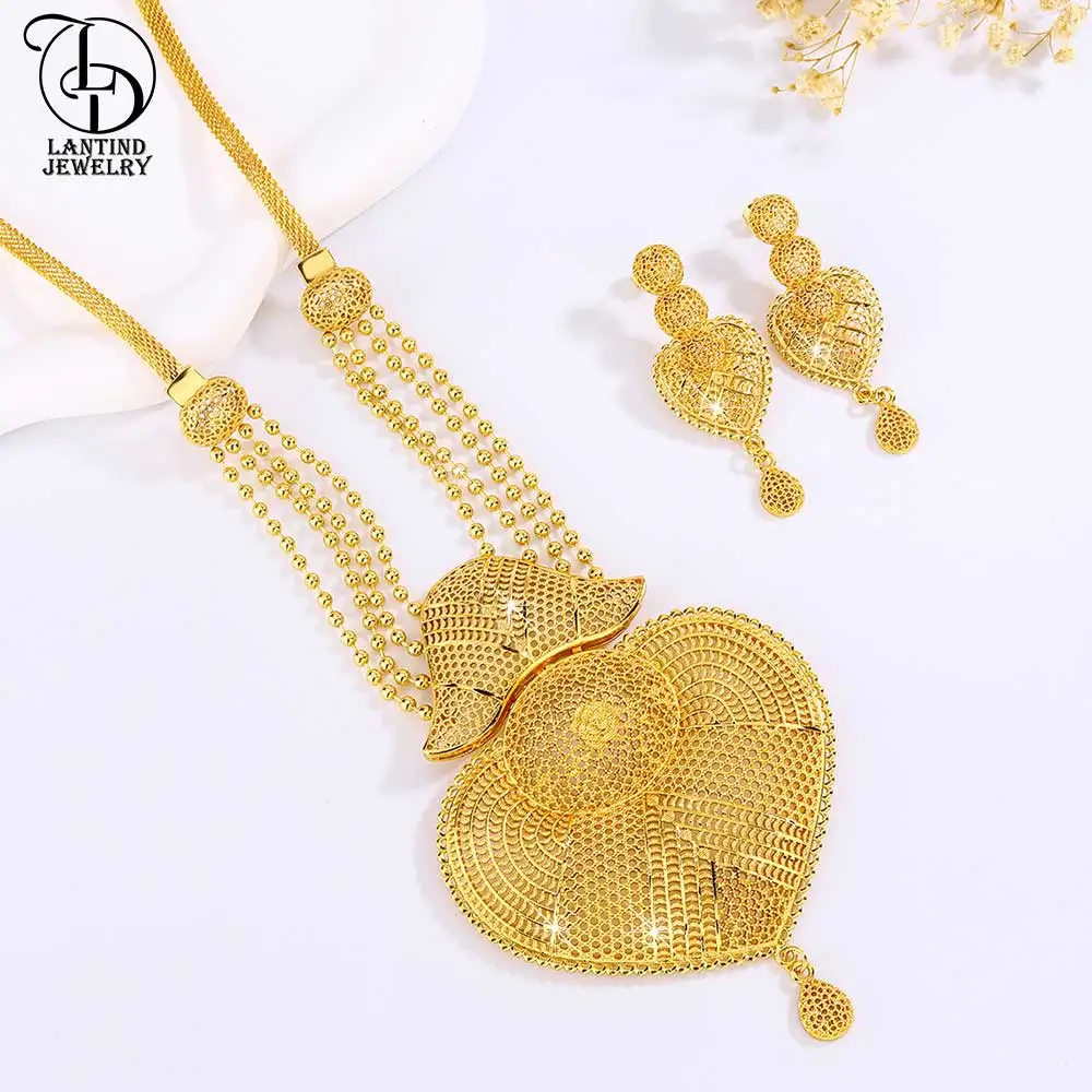 

Bs00069 Dubai Fashion Women's Flower Sweater Long Necklace 24K Gold-Plated Middle Eastern Luxury Flower Earrings Copper Jewelry Two-Piece Set