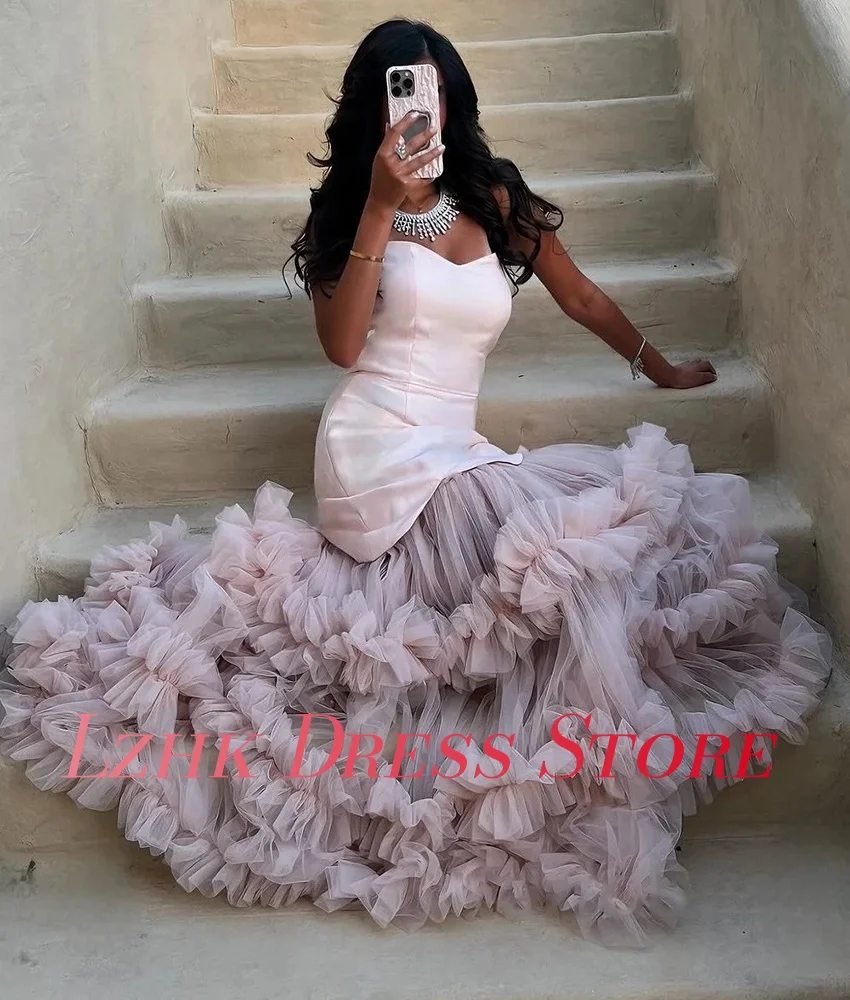 فستان سهرة مكشكش على شكل حرف A من التل رشيق مخصص عالي الجودة بدون أكمام على شكل قلب بطول الأرض فساتين شير