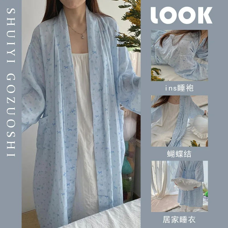 Damen Frühling Herbst Schmetterlingsdruck Robe Mädchen Studenten Lose Loungewear Weiche Lange Pyjamas für Teenager Damen Lässiges Nachthemd