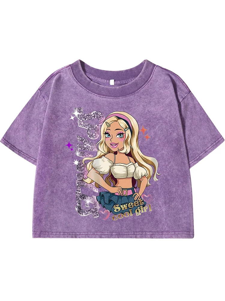 Cartoon Cute Girlprint Women Wash Short Tshirt Breathable Cool Tee Tops Fashion Street T-Shirt Distress Midriff-Baring Clothes