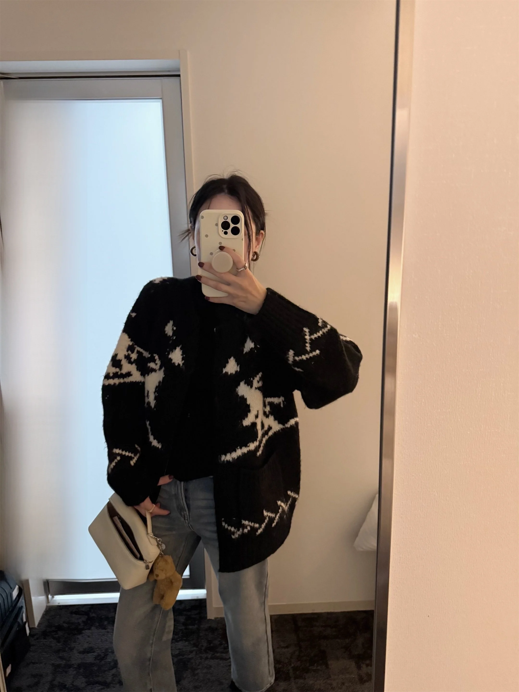 

Elielim Cisas Deer Women's Cardigan Coat Lazy Vintage Autumn Winter Thiened Long Sve round Ne Alpaca Wool Sweater