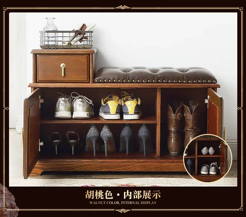 A   American solid wood home door entry retro storage simple storage shoe stool cabinet