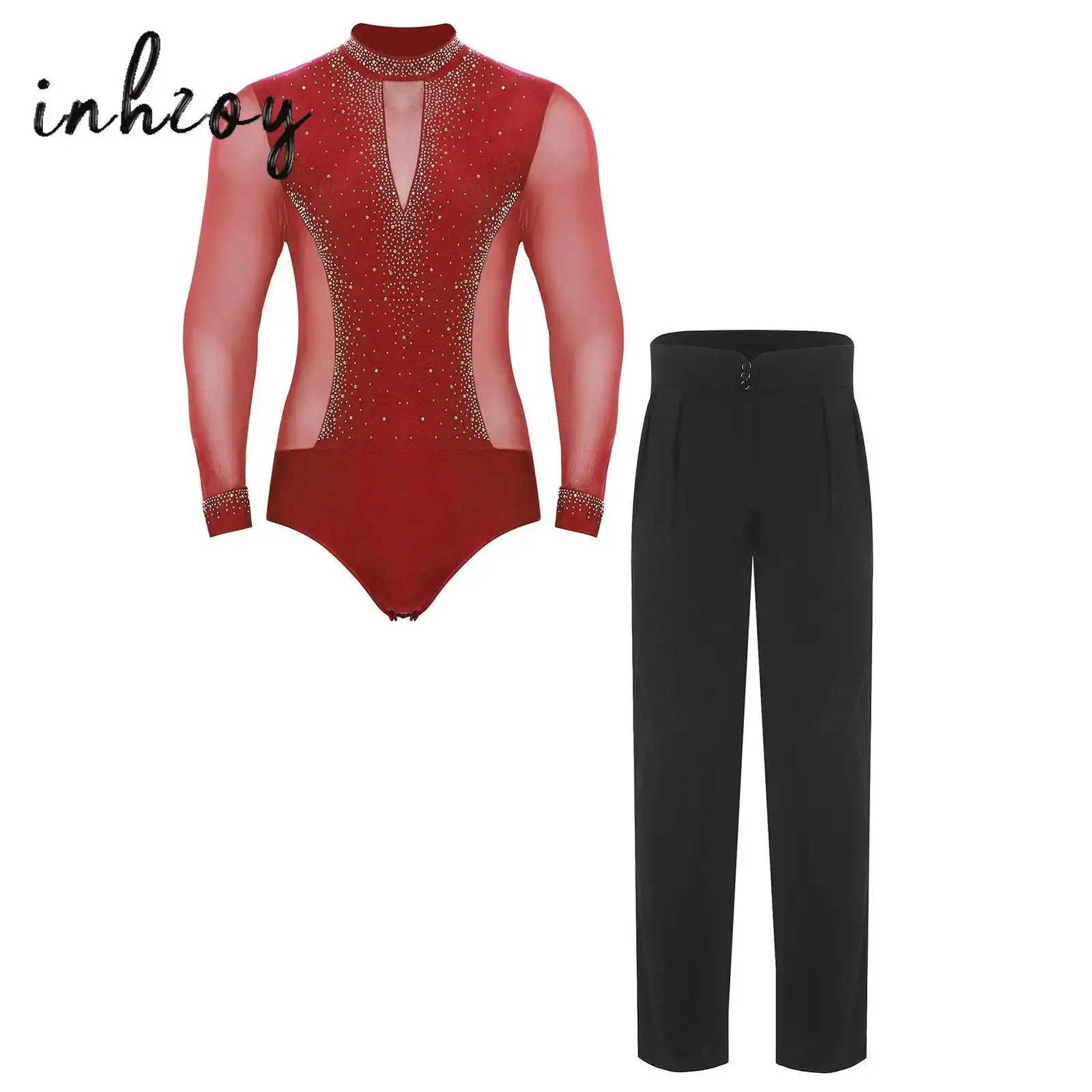 Abiti da ballo latino da uomo Collo a lupetto Manica lunga Strass lucidi Body in rete Body e pantaloni Pattinaggio di figura Chacha Dancewear