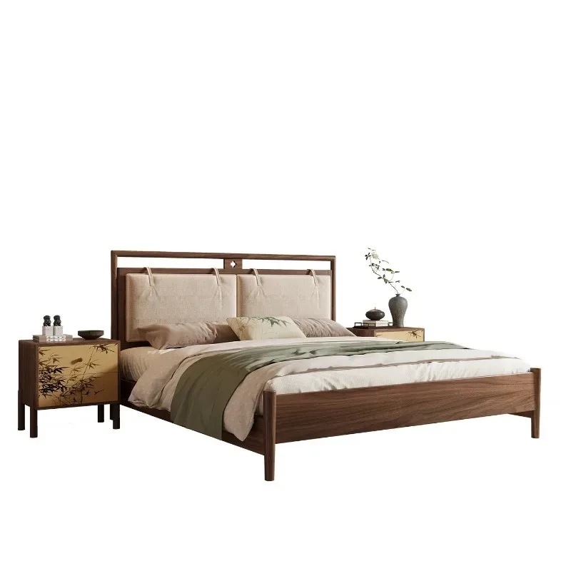 Song Dynasty aesthetics, black walnut, modern minimalist cotton-linen soft backer large bed, 1.8m master bedroom bed