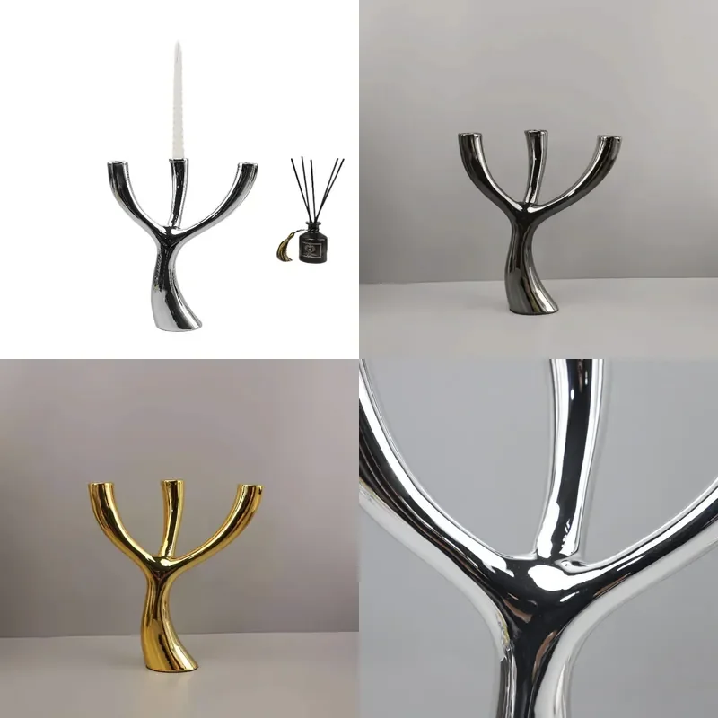 for Nordic Creative Electroplating Geometric Three Headed Resin Candlestick Ornament Restaurant Living Room Hotel Model Room
