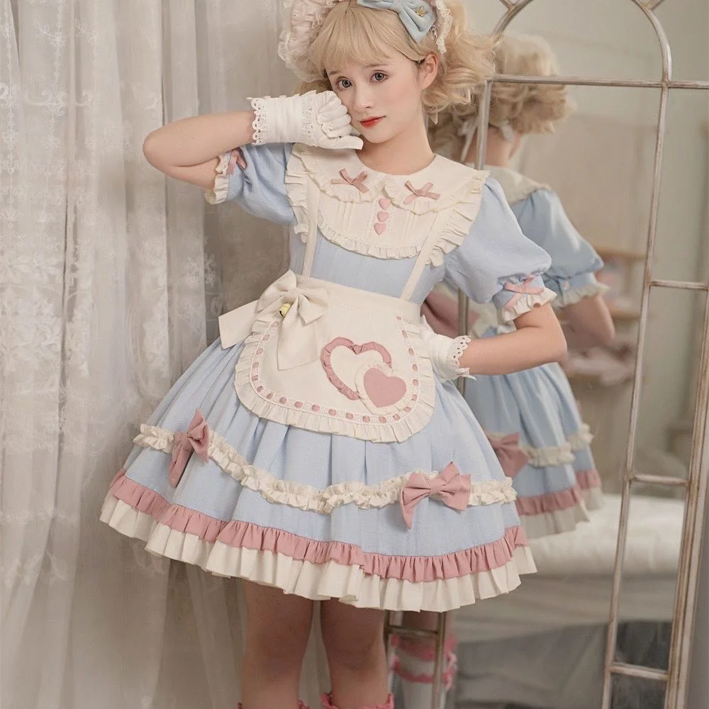 Robe de femme de chambre à manches courtes, jupes Lolita mignonnes, vêtements Lolita doux, Harujuku Goth, bleu bébé Kawaii, été