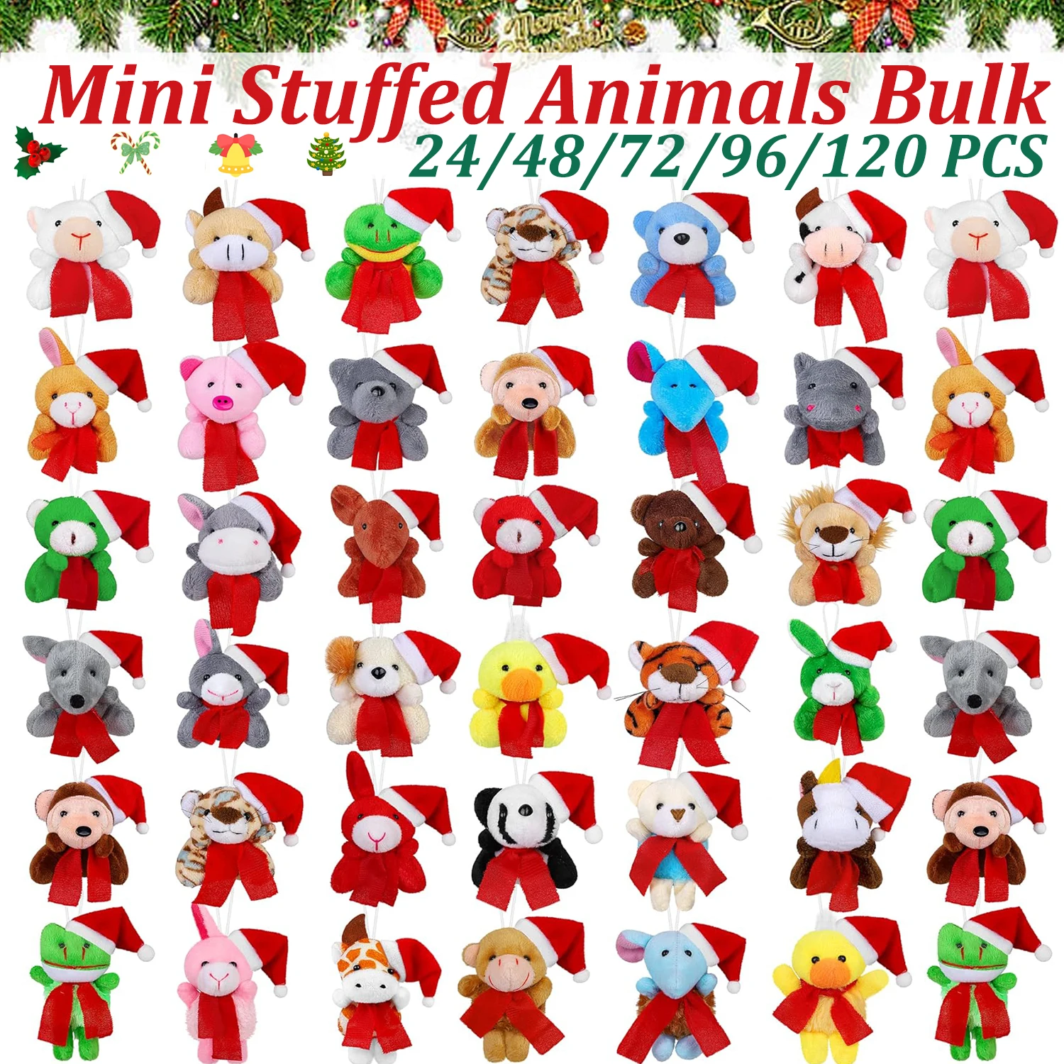 24-120Pcs Christmas Mini Stuffed Animal Bulk Xmas Small Plush Animal Toys with Santa Hat Christmas Plush Keychain for PartyFavor