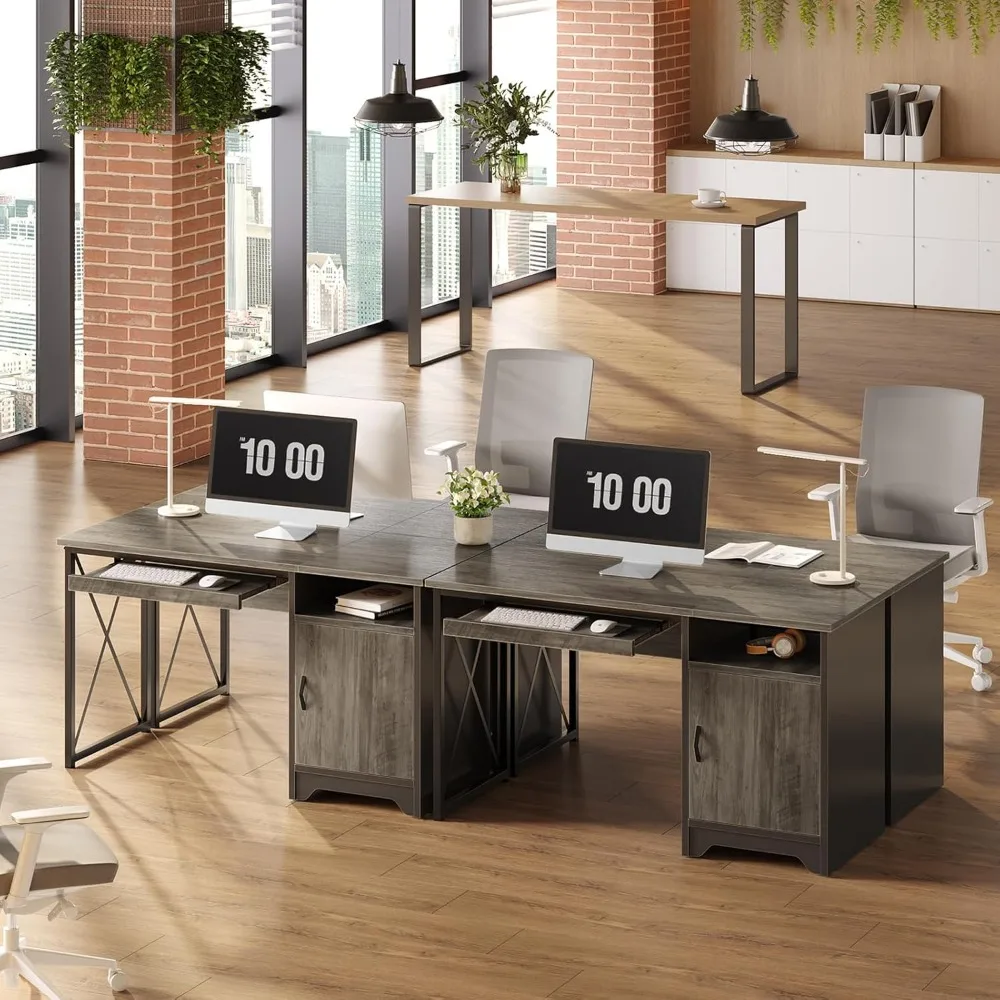 Office desk with keyboard tray, industrial computer desk with storage, reversible administrative desk with filing cabinet