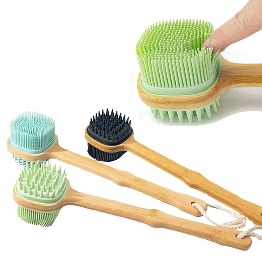 

1Pc Silicone Brush Long Head Back Scrubber Shower Brush With Long Wooden Handle Dry Skin Exfoliating Body Massage Cleaning Tool