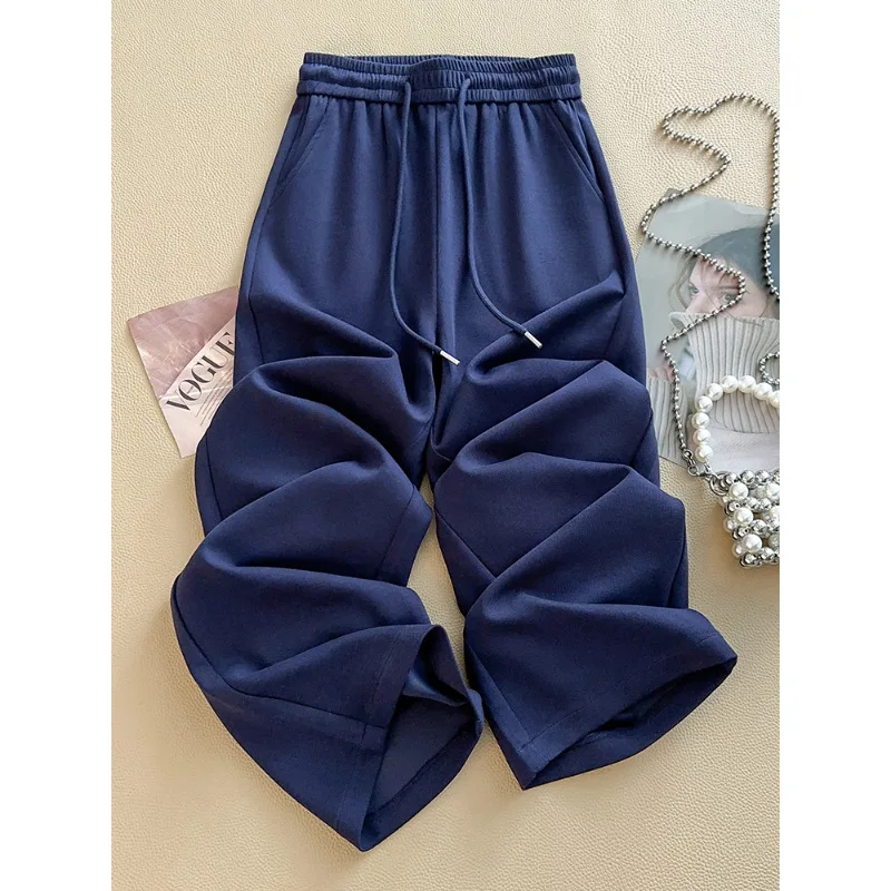 

Navy Blue Wide-Leg Pants for Women, Autumn Loose Fit Versatile Straight-Leg Floor-Length Sweatpants, High-Waisted Casual Sports