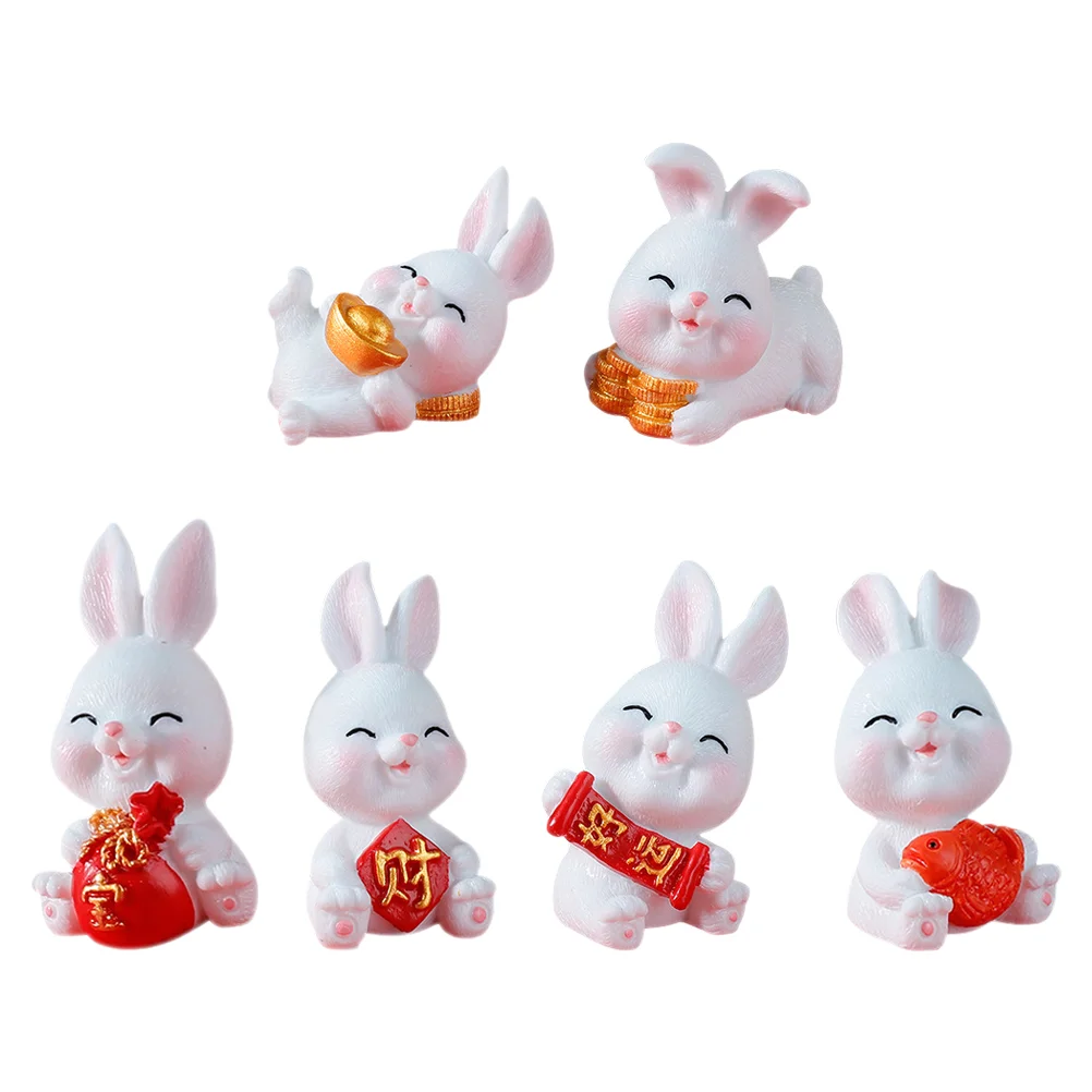 6 Pcs Year of The Rabbit Mascot Micro Landscape Decors Bunny Miniature Figurines Small Glass Natural Resin Statues