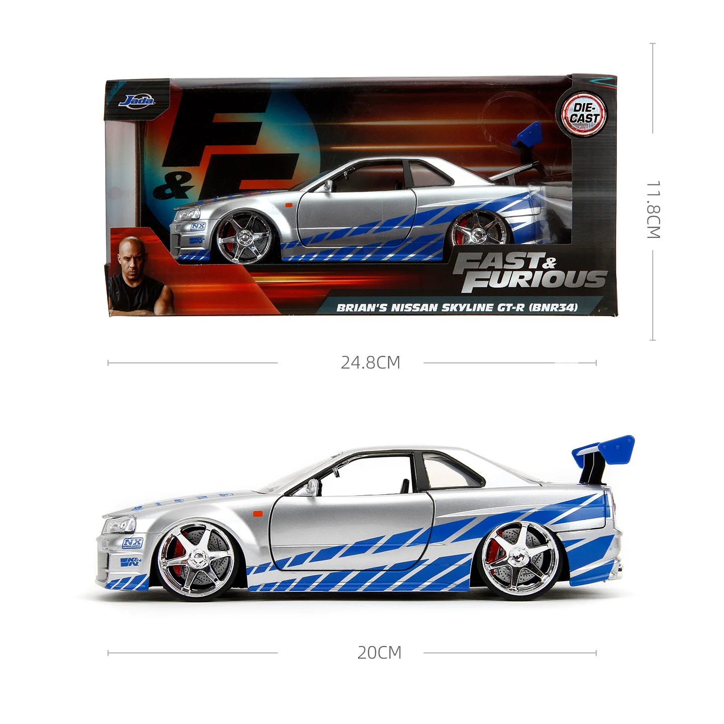 JADA 1:24 패스트 앤 퓨리어스 닛산 스카이라인 GT-R R34 다이캐스트 모델 - 아이코닉한 실버 & 블루 스카이라인 (도어 개폐 가능) JD97158