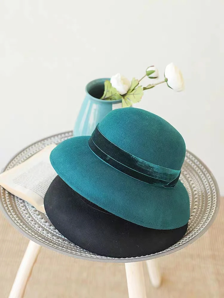 Jesień i zima 100% wełniany kapelusz dzwon damski francuski elegancki Retro okrągły wierzchołek Hepburn duży kapelusz