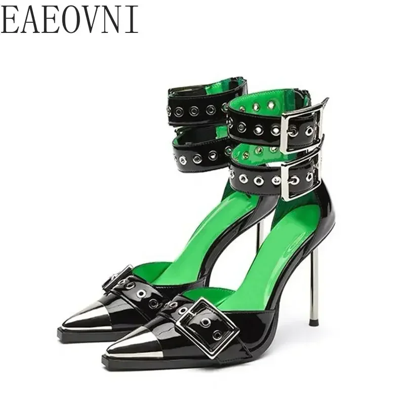 2024 New Women Pointed Toe Pumps Gothic Metal Rivet Shoes Women Fashion Ankle Strap Sexy Party Thin High Heel Shoes