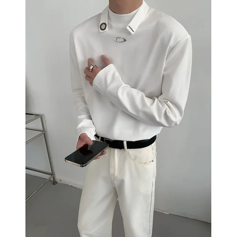 

Winter Long Sleeved T-shirt Men Stand Up Collar T Shirt Men Korean Loose Shoulder Pad T Shirt Mens White Casual Tshirt M-2XL