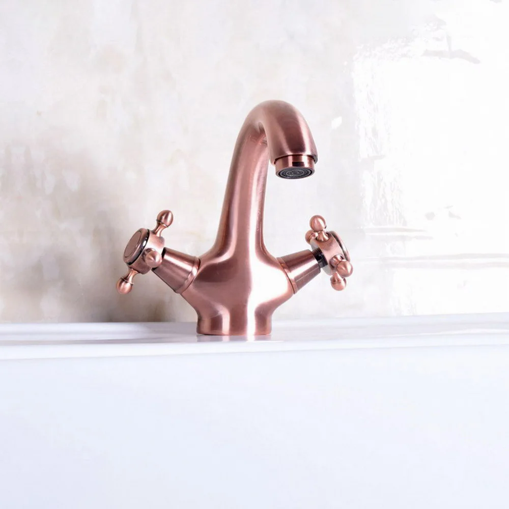 

Antique Red Copper Bathroom Basin Faucet Single Hole Deck Mounted Sink Mixer Taps Dual Cross Handle lnf252