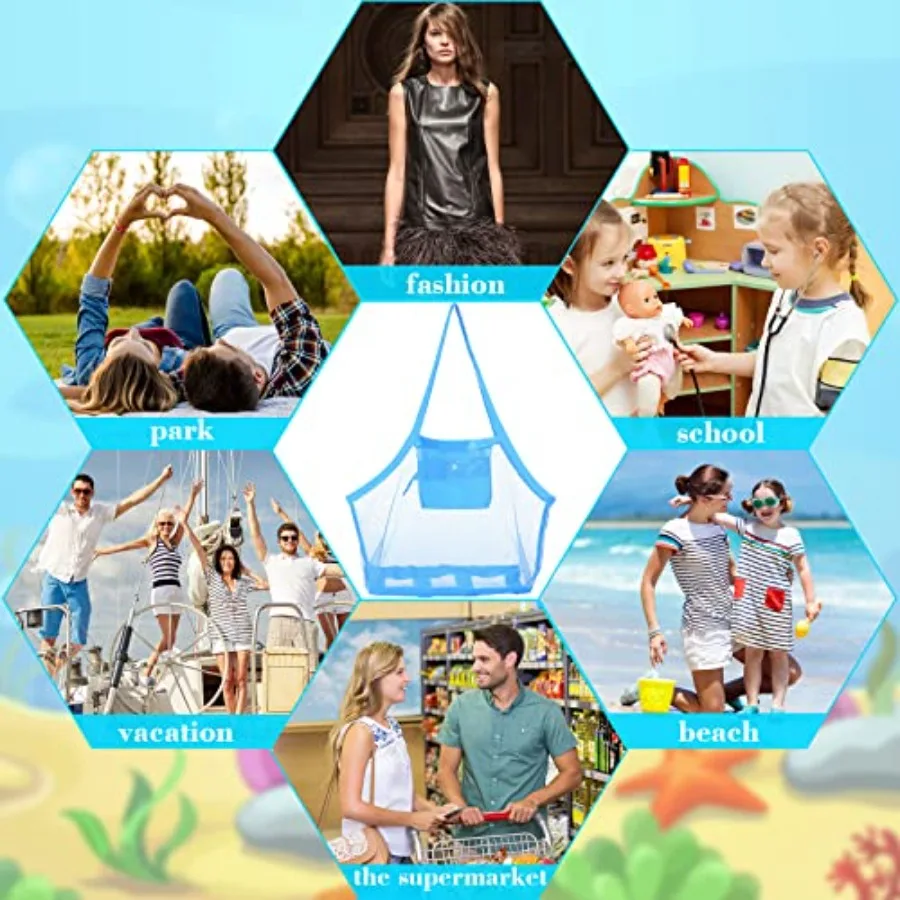 12 Pcs Summer Mesh Beach Bag Extra Large Beach Toys Gear Mesh Bag for Beach Foldable Mesh Beach Tote for Sand Toy Market Grocer