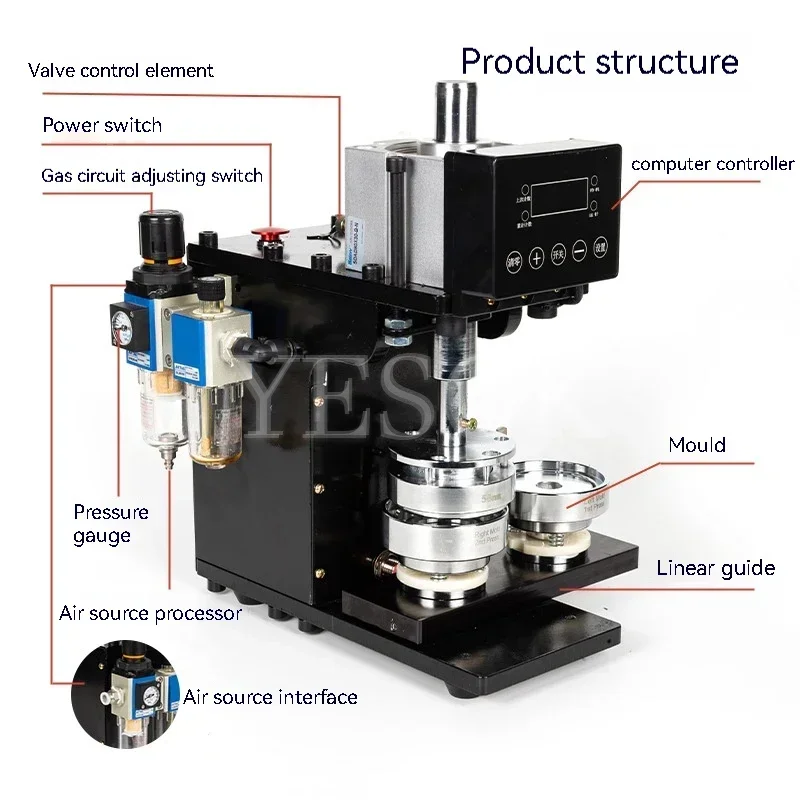 Máquina neumática portátil para insignias, cuerpo totalmente de acero para escritorio, punzón familiar DIY, herramienta de estampado por inducción automática con molde