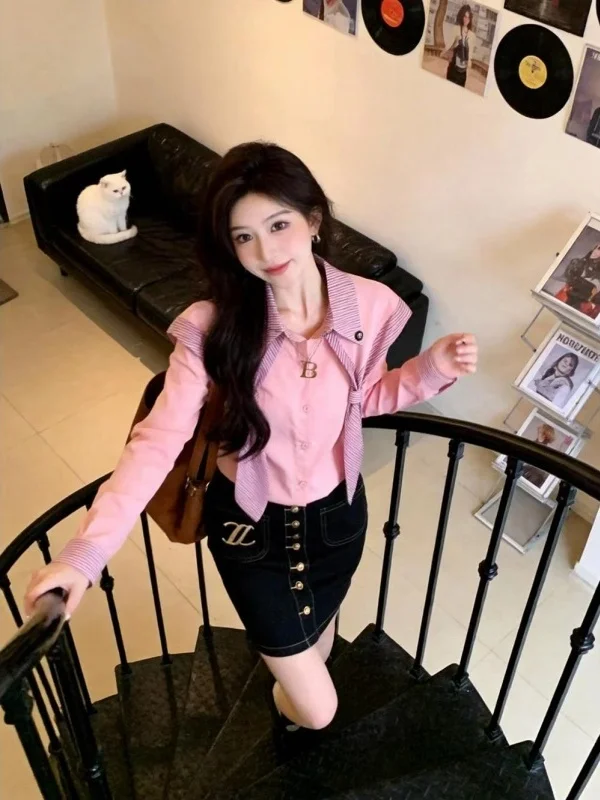 

Уникальный розовый полосатый топ в корейском стиле для весенней моды, элегантный повседневный свободный крой, премиум-качество