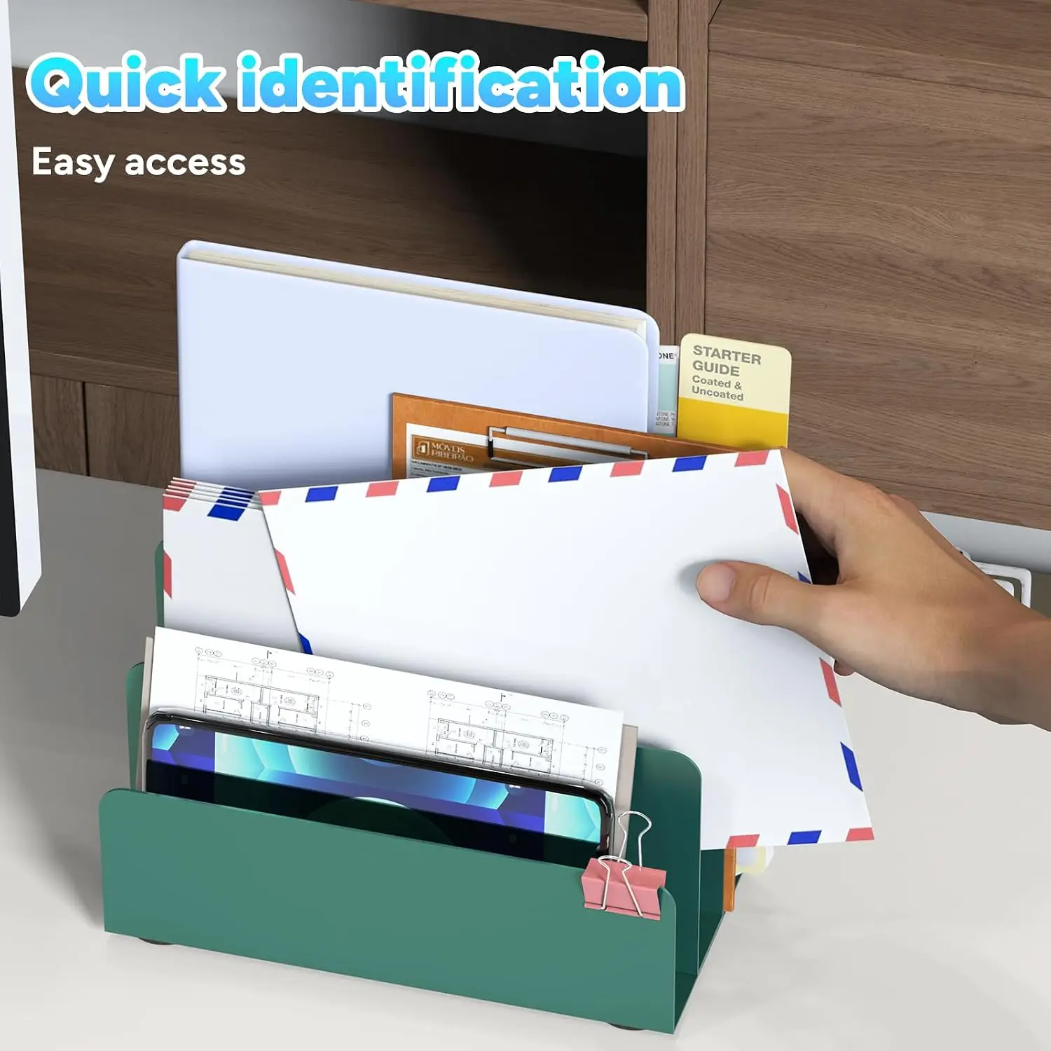 3-Tier Metal Desk File Organizer for Mail, Documents, and Office Supplies - Space-Saving Countertop Storage, Green view 4