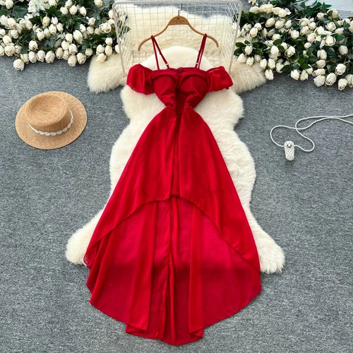 Chic vintage slash cuello asimétrico elegante Hada moda coreana Boho vestido veraniego ropa de mujer vestido largo