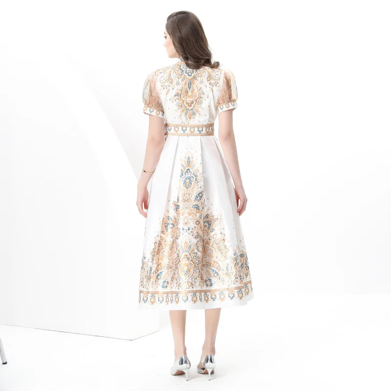 夏秋ヴィンテージ厚いサテン休暇ラップロングドレス女性の V ネックパフスリーブサッシュレースアッププリントドレス