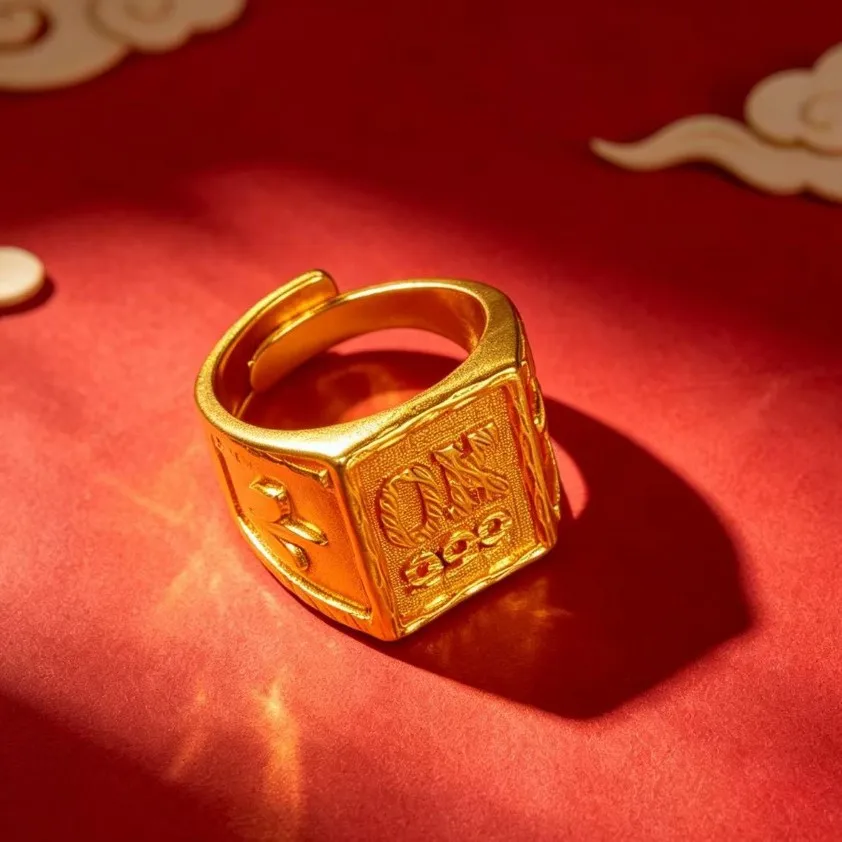 Adjustable band fits different finger circumferences, men's Fu carved ring made of 24K Gold AU999 with fine craftsmanship